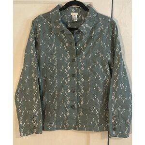 Bestow UM Women’s Green Denim Jacket Size Med White Eyelet Embroidery Floral